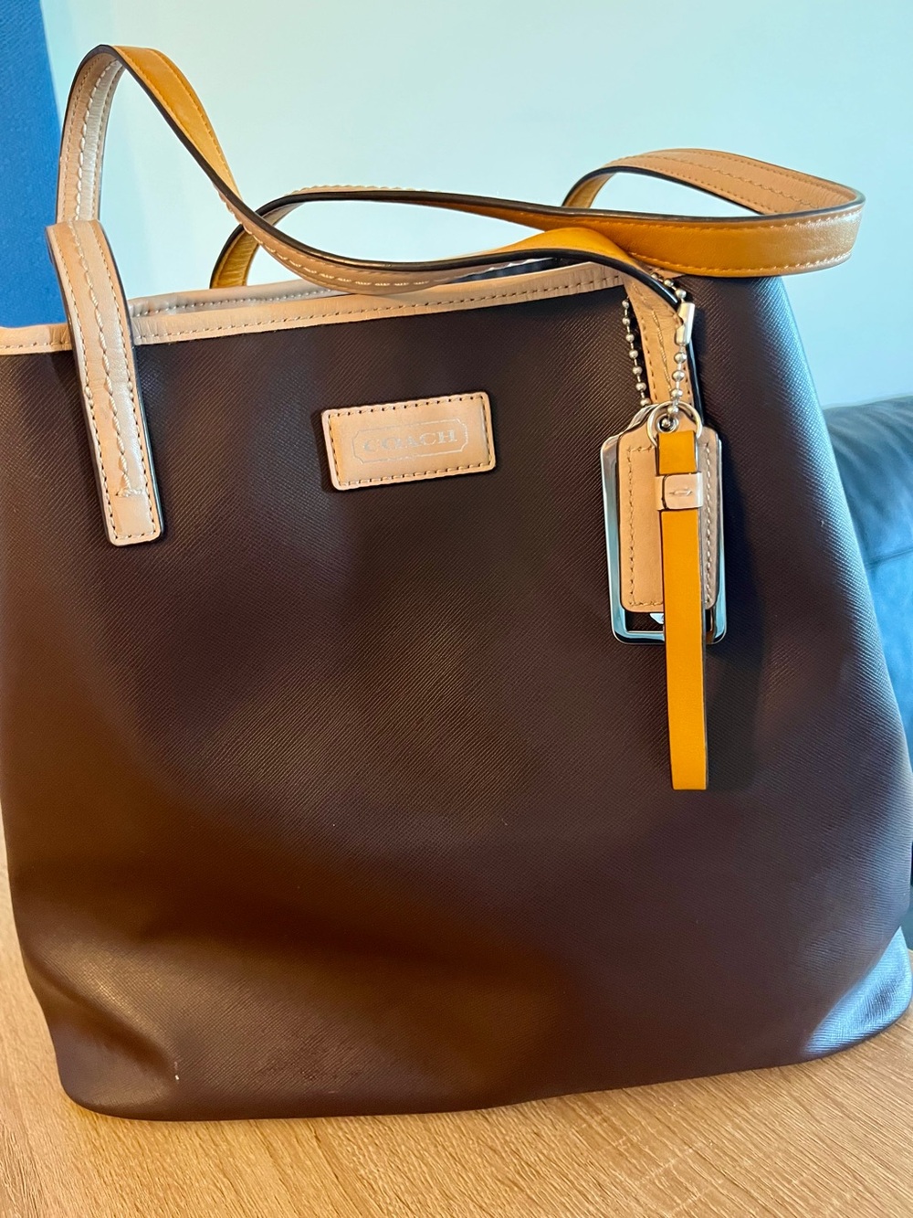 Coach Leather Tote Bag in Brown with Mustard Trim